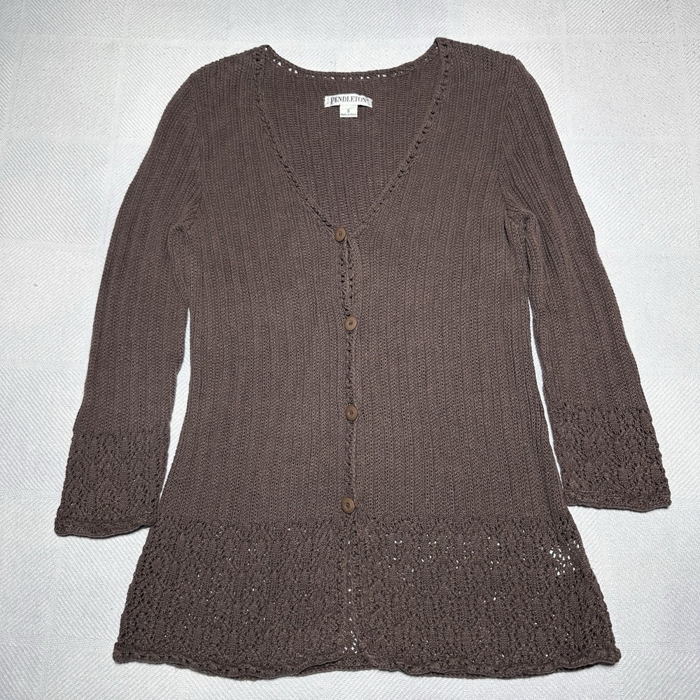 Pendleton Cardigan Womens‎ Small Pointelle Knit Brown Button Front Linen Cotton